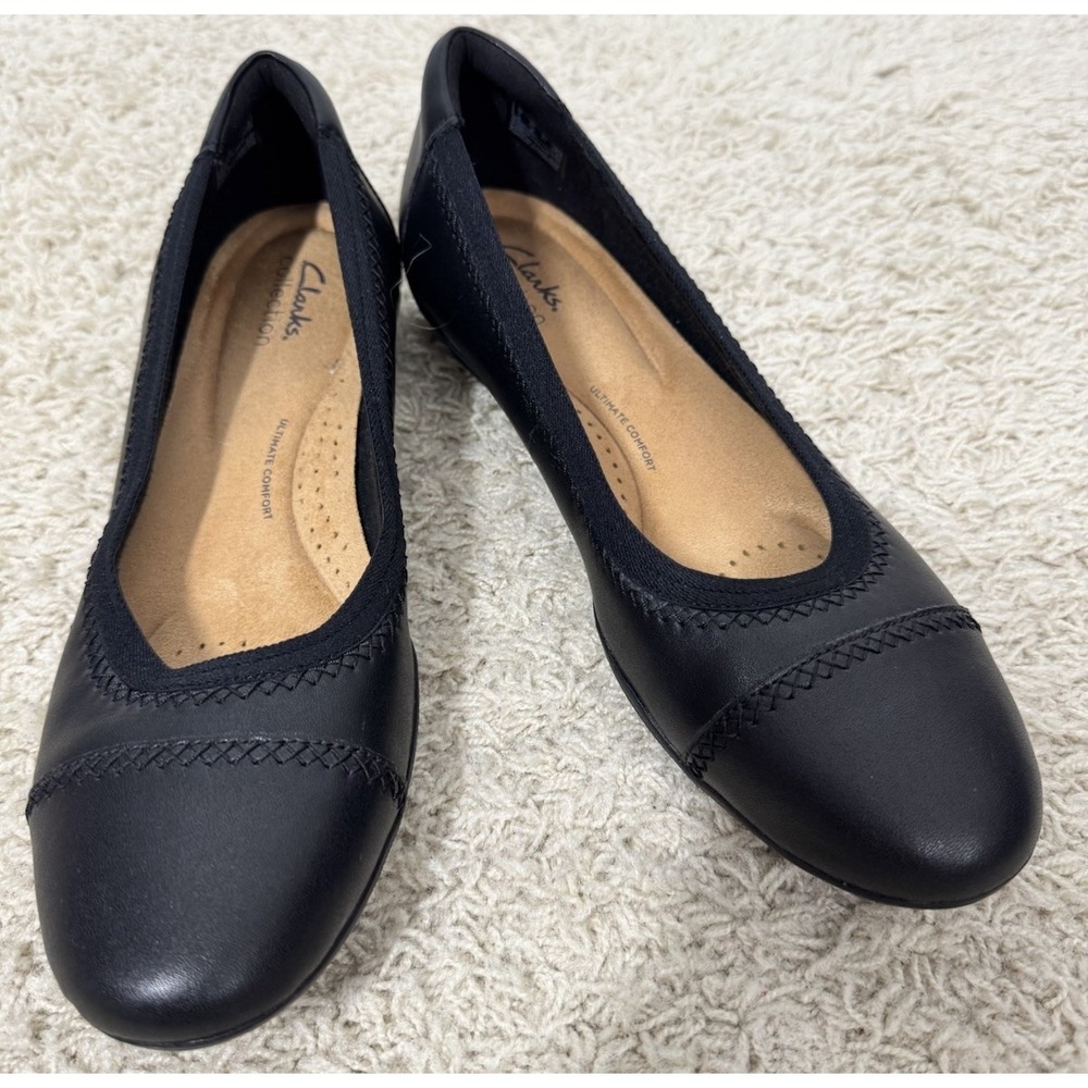 Clarks Sara Bay Black Leather Ballet Slip On Flat Shoes‎ Size 9.5M Comfort Work